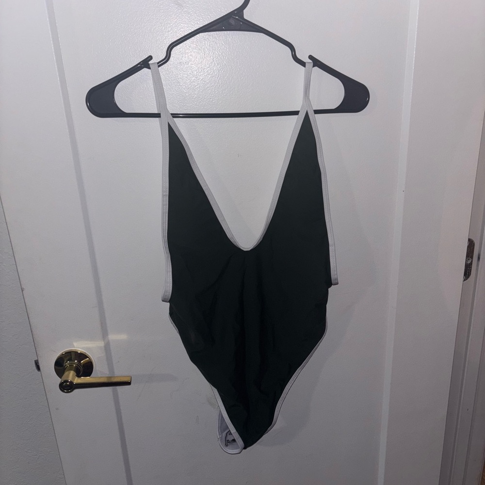 Dark Green One-Piece Swimsuit with White Trim